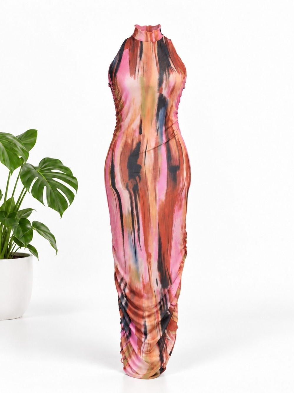 Abstract Print Mesh Ruched Maxi Dress - Picture 2 of 4